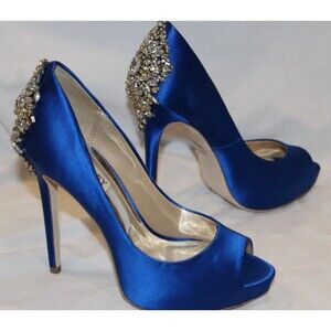 Badgley Mischka Kiara Satin Jeweled Heel Pump Sandals NIB SAPPHIRE BLUE $245 7